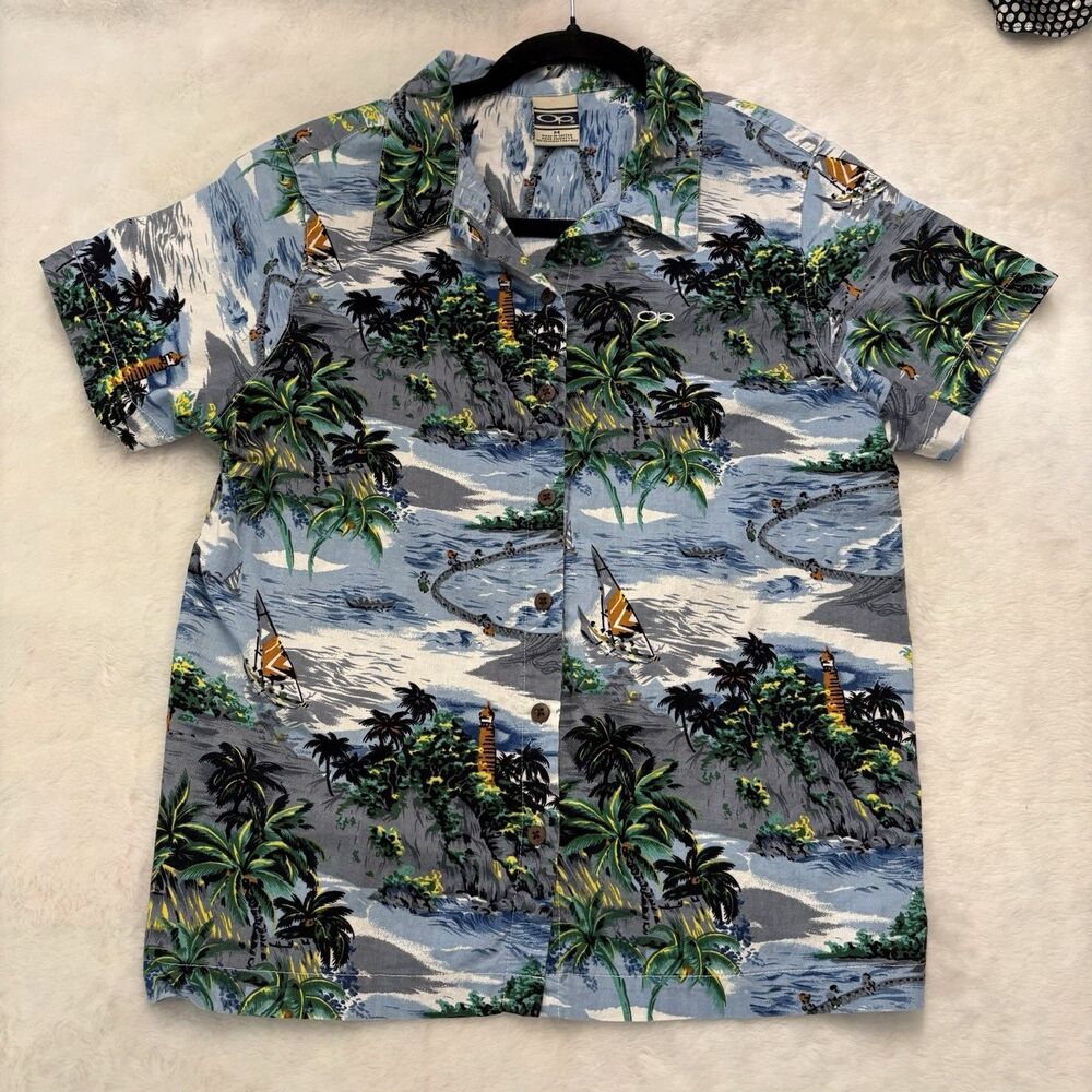Boys Youth Vintage Hawaiian Shirt Ocean Pacific With Fishermen Palm Trees Sz L